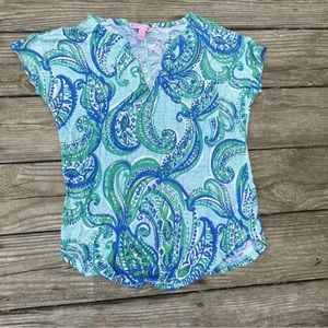 Lilly Pulitzer Women’s Size XS Blue Green Paisley V-neck Pocket Linen T-shirt